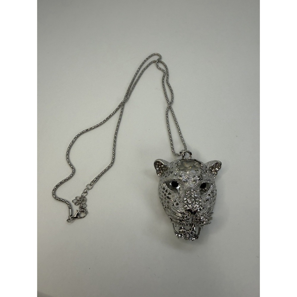 Jaguar Panther 3D Pendant Moveable Jaw Statement Necklace Silver Tone Chain Car
